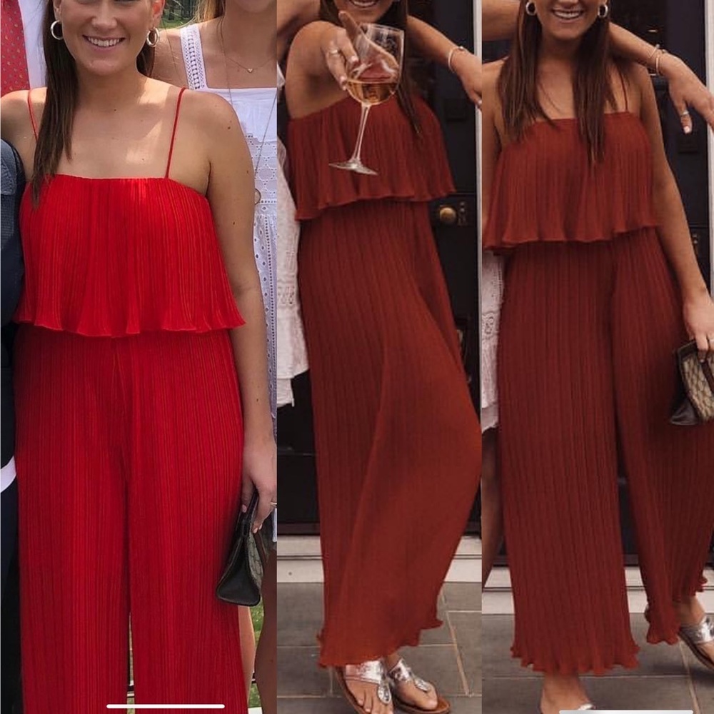 Zara Pleated Wide-Leg Jumpsuit in Red / Rust